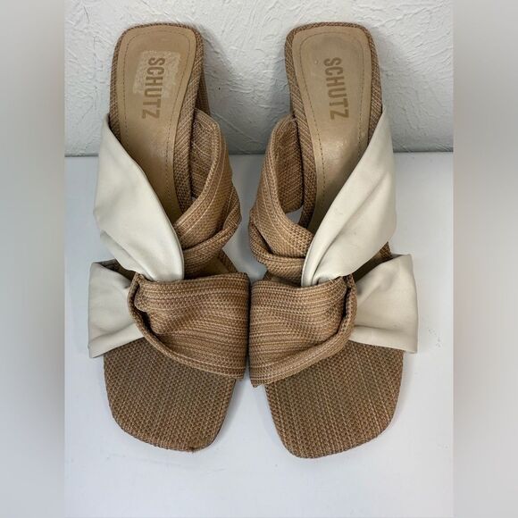 Schutz Wendy Pearl Beige Leather Color Block High Heel Sandals Size 9 EUC - Picture 4 of 8